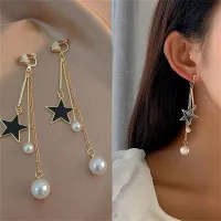 Trendy Style Black Star Tassel Pearl Drop Earrings